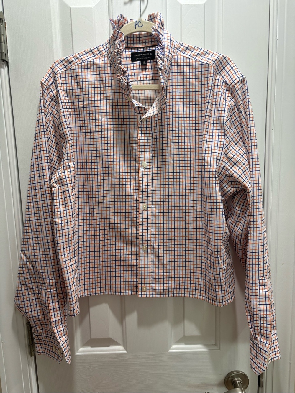 Banana Republic Orange and Navy Check Ruffle Collar Blouse